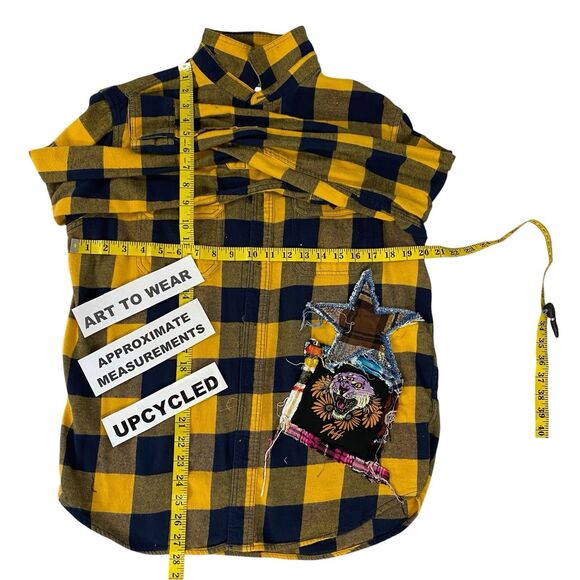 Flannel Shirt Women Large Yellow Tiger Grunge Camp Rock Country Upcycled Crochet - Picture 2 of 16